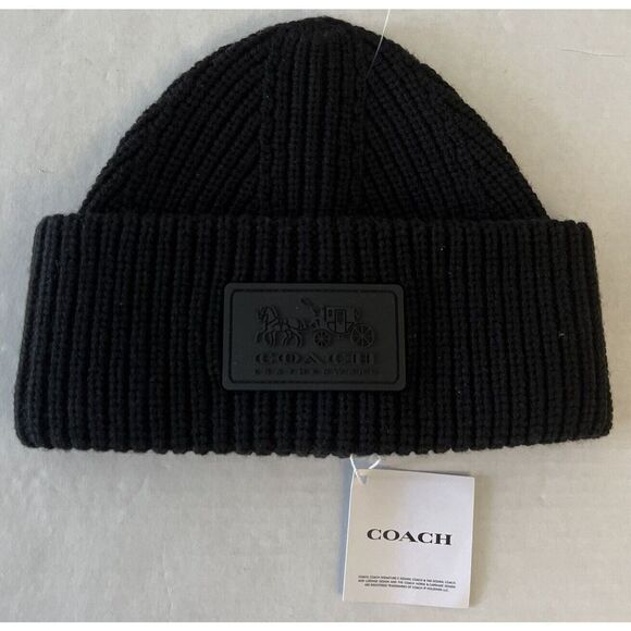 COACH CO100001C CLASSIC BLACK RIBBED TONAL PATCH CUFF BEANIE ONE SIZE NWT - Picture 2 of 8